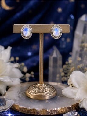 Earrings Moonstone Sterling Silver Ornate Setting Posts